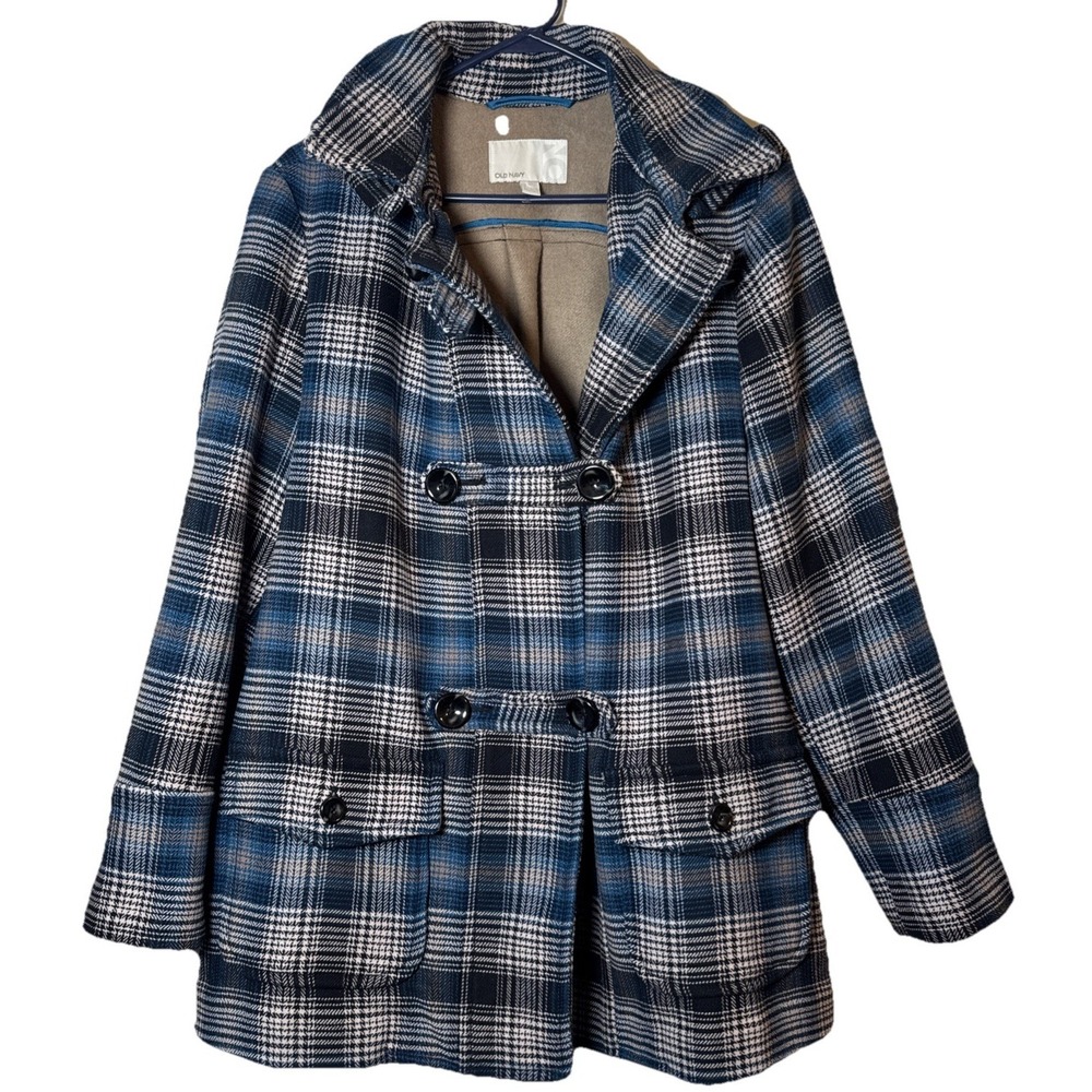 Old Navy Wool Blend Peacoat Womens XXL‎ Blue Plaid Double Breasted Jacket
